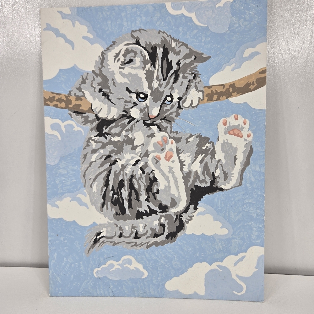 Hang On There Kitty Finished Acrylic Paint By Numbers 9x12  Gray Striped Cat VTG